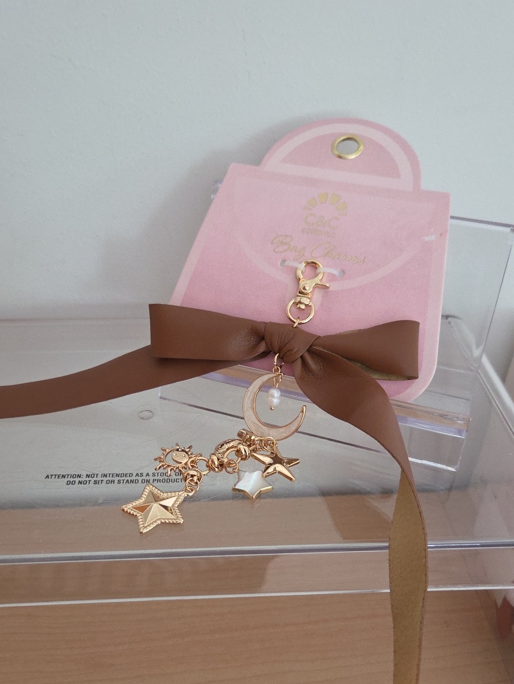 C.C Gold Star & Moon Charm Keychain/Bag Charm w/Brown Ribbon
